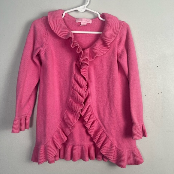 Lilly Pulitzer Curious Pink Maple Sweater Ruffle Cardigan Sz 2/3 preppy Barbie - Picture 1 of 6